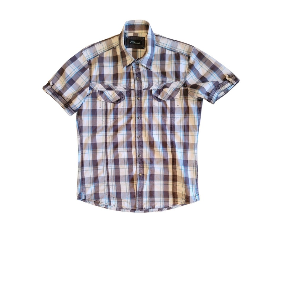 7 Diamonds Western Snap Shirt Mens M Brown Blue Plaid Excellent Short Sleeve